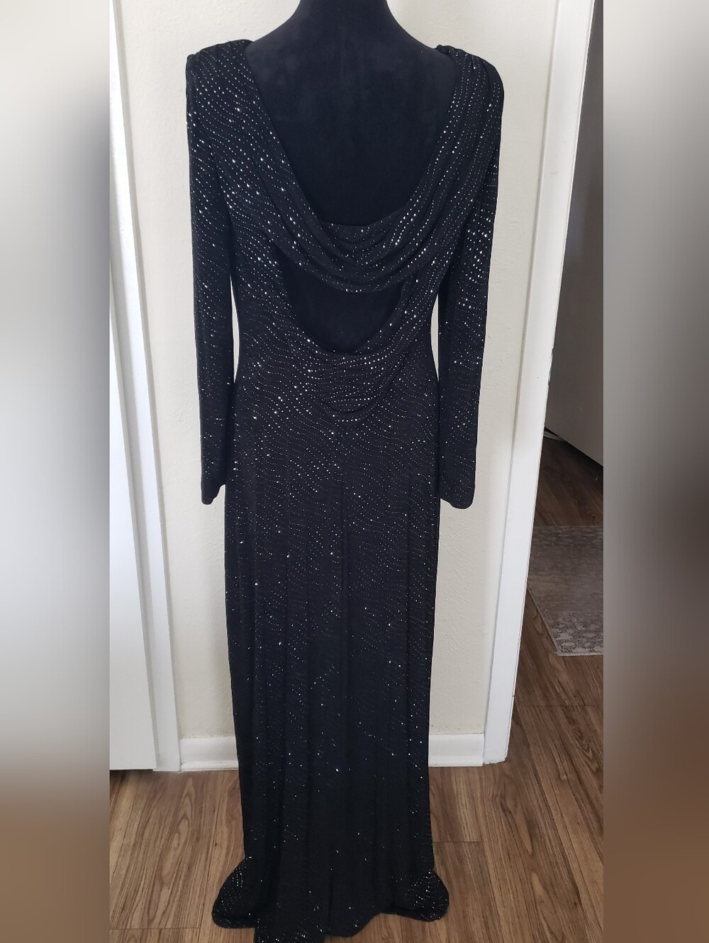 Cachet Black Long Sleeve Drape-Back Sequin Gown